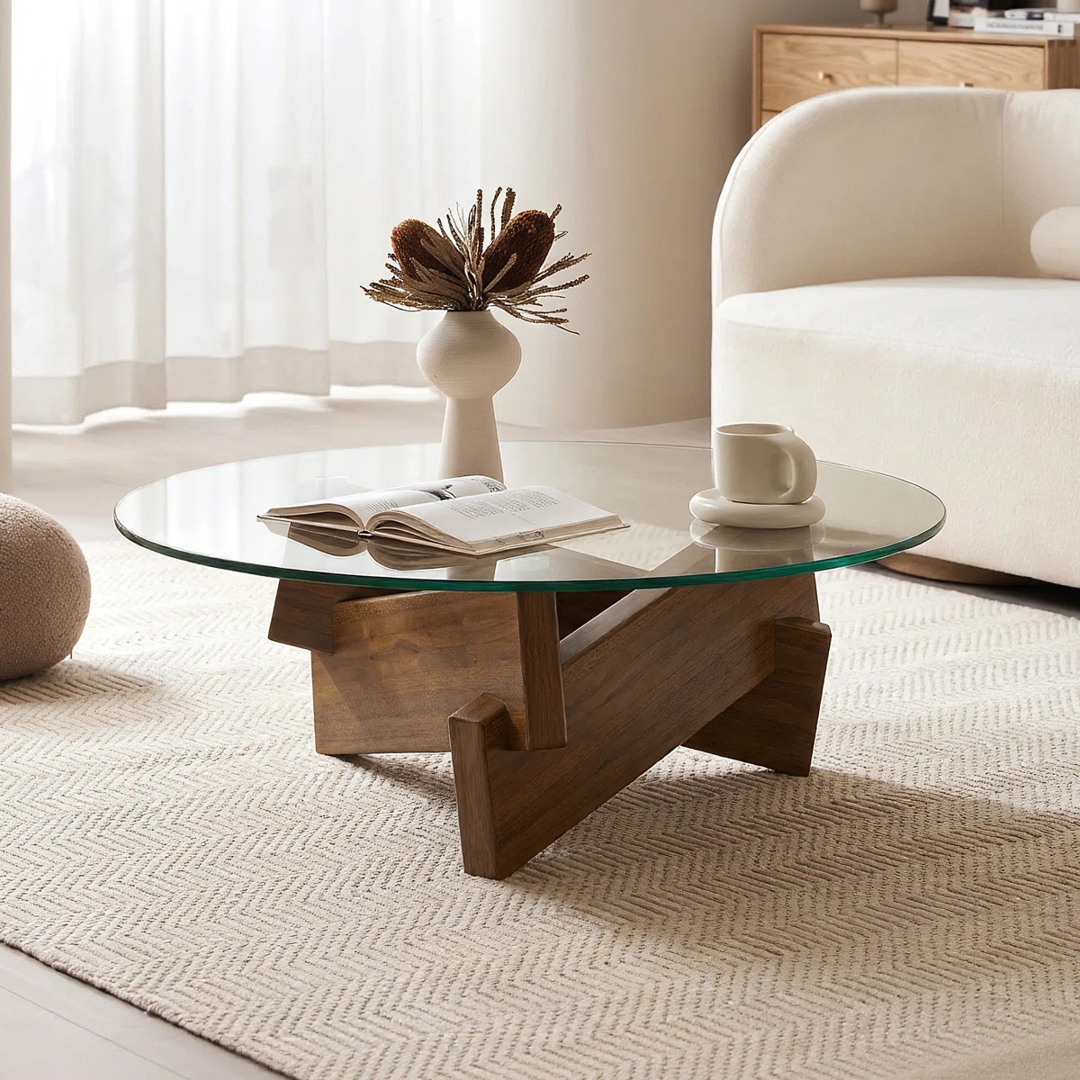 Modern Glass Coffee Table With Solid Wood Base Mid-Century Small Coffee Table for Living Room | Wayfair North America