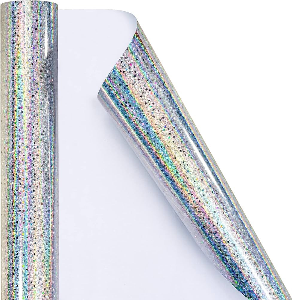 LeZakaa Silver Holographic Wrapping Paper - Mini Roll - Star Print for Birthday, Wedding, Engagem... | Amazon (US)