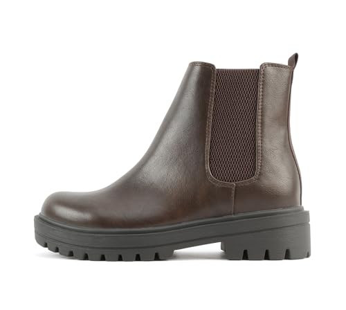 Soda Pilot ~ Women Lug Sole Low Heel Chelsea Fashion Ankle Bootie w/Double Elastic Gore (Brown Pu, 8.5) | Amazon (US)