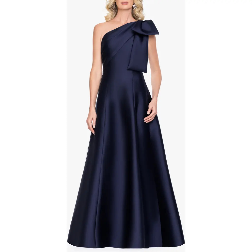 Betsy & Adam Bow Detail One-Shoulder Mikado Fit & Flare Gown in Navy at Nordstrom, Size 12 | Nordstrom