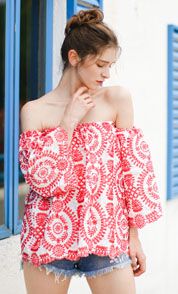 Passion in Vine Embroidered Off-shoulder Top in Red | Chicwish