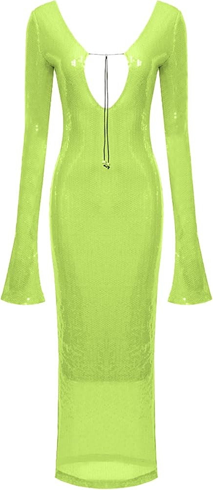 meilun Deep V Dress with Drawstring Long Sleeve Sequin Dress for Women Long Gown | Amazon (US)