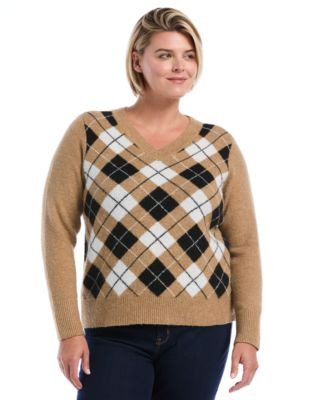 Rafaella Plus Size Argyle V-Neck Long-Sleeve Sweater - Tobacco Brown | Macy's
