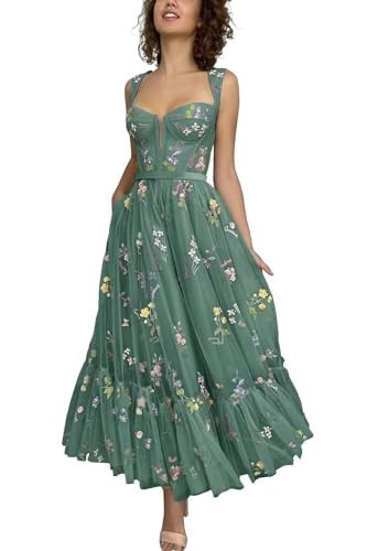 Zepumen Women's Tea Length Tulle Prom Dresses Flower Embroidery A-Line Princess Puffy Embroidery Formal Evening Party Gowns Peacock for Teens US12 | Amazon (US)