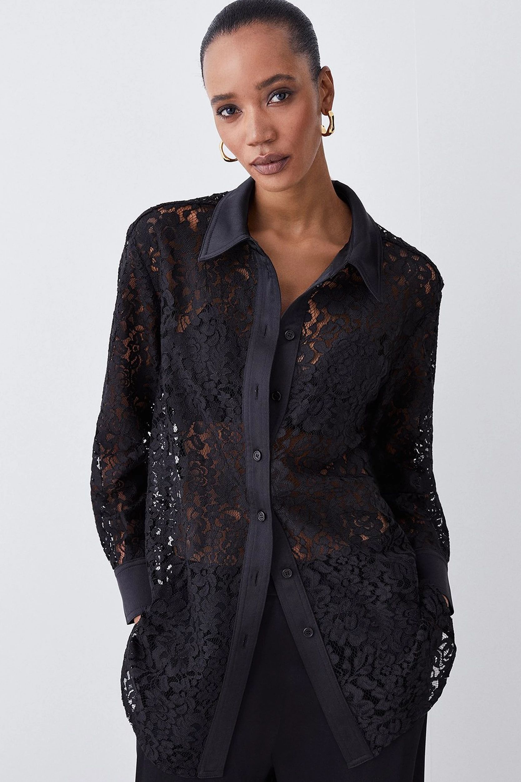 Italian Lace & Satin Tailored Longline Shirt | Karen Millen US