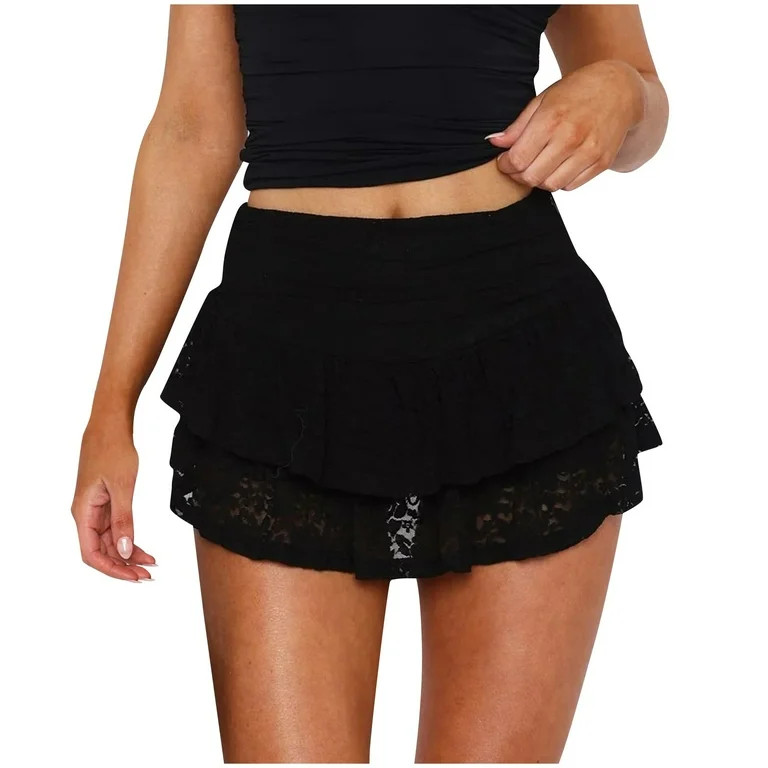 Women's Lace Mini Skirt Y2K Floral Lace Elastic Waist Layered Ruffled A-Line Short Skirt Elegant ... | Walmart (US)