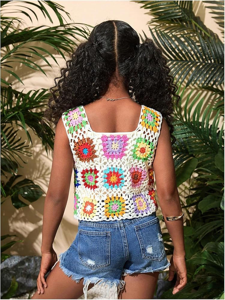 GORGLITTER Girl's Floral Pattern Crochet Top Sleeveless Square Neck Knitted Tank Tops | Amazon (US)