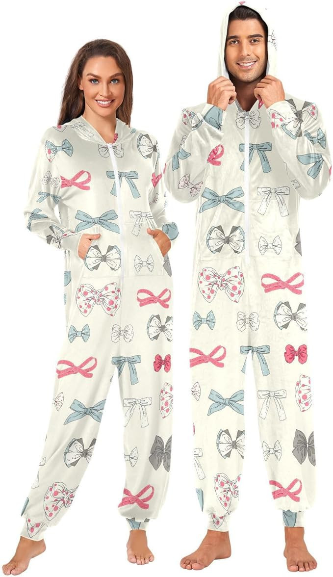 Fisyme Pink Blue Vintage Bow Adult Onesie Pajamas for Women Men Long Sleeve One-Piece Costume Sle... | Amazon (US)