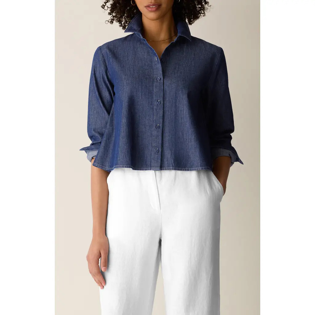 Eileen Fisher Button Front Denim Shirt in Dark Indigo at Nordstrom, Size Large | Nordstrom