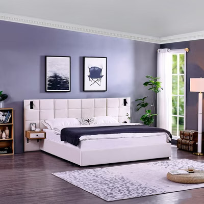 GDFStudio Kennedy Velvet Upholstered King Bedroom Furniture Set with Two Floating Nightstands, Headboard, Beige | Target
