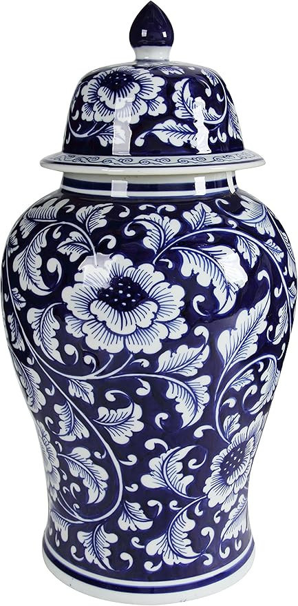 A&B Home 18" Porcelain Decorative Jar with Lid Blue White Floral Print Vase Ginger Jar Centerpiec... | Amazon (US)