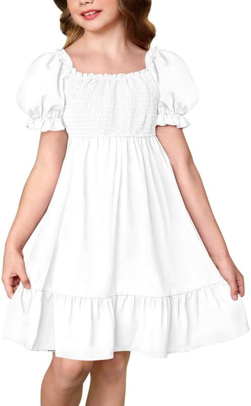 BesserBay Girls Summer Puff Sleeve Ruffle Smocked Square Neck Midi Dress 4-14 Years | Amazon (US)