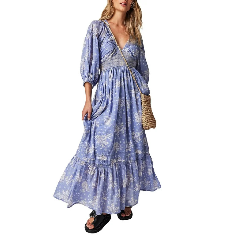 Women's Floral Print Boho Dress Half Sleeve V Neck Shirred Waist A-Line Flowy Maxi Dresses Y2k Dr... | Walmart (US)
