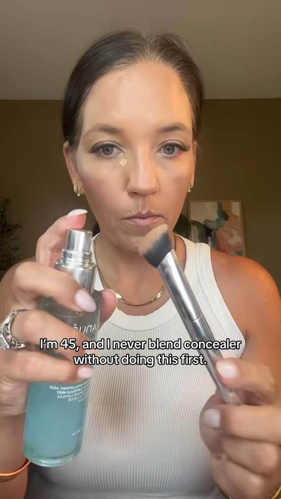 One of my favorite makeup tricks for 40+ skin 💙 I lightly mist my concealer brush with the Anua PDRN Hyaluronic Hydrating Mist before blending, and it helps my concealer apply so much more smoothly. Such an easy step that makes a big difference.

#LTKOver40 #LTKBeauty