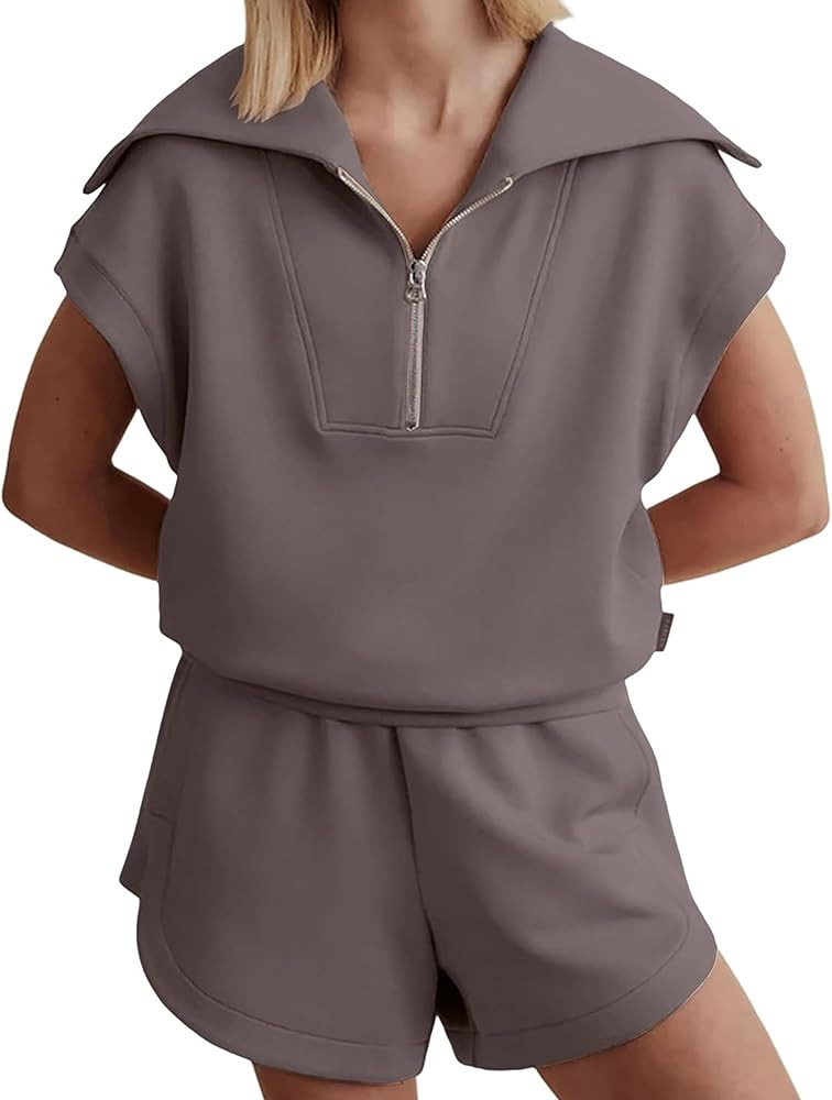 Lauweion Women Sweatsuits Two Piece Outfits Half Zip Lapel Short Sleeve Sweatshirt and High Waist... | Amazon (US)