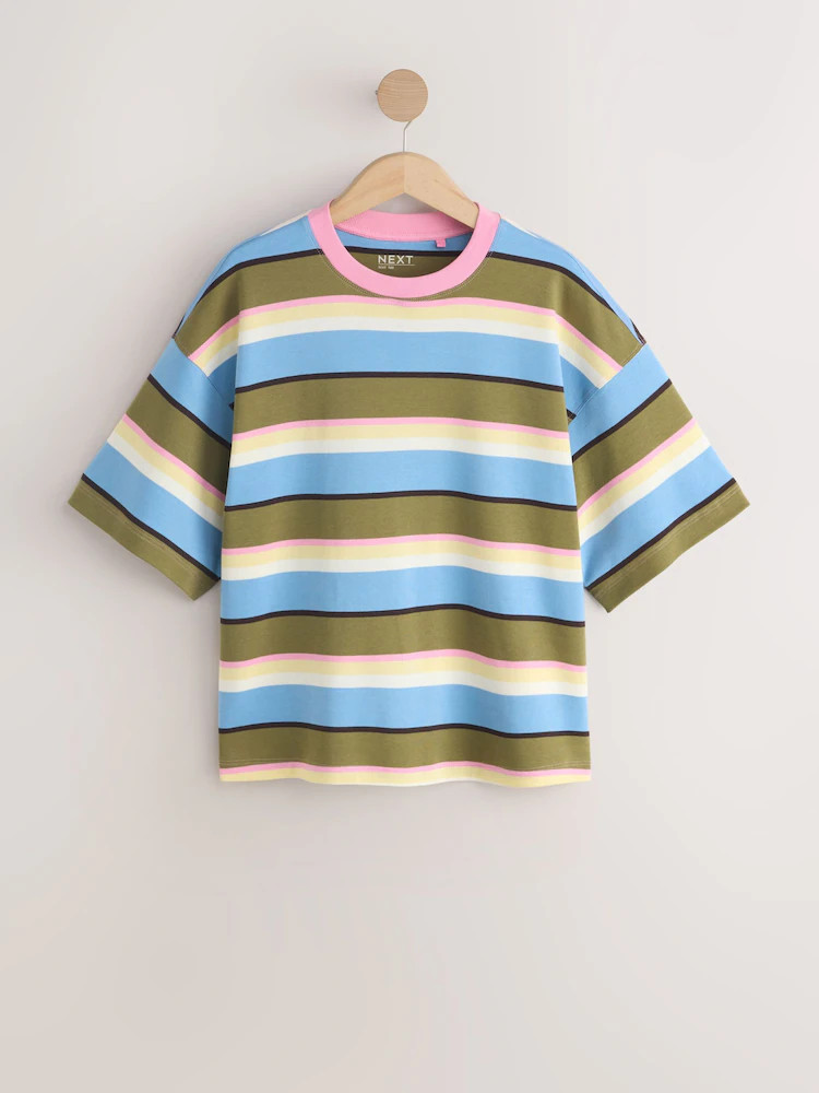 Blue/Green/Pink Striped Relaxed Boxy Elbow Length Crew Neck T-Shirt | Next EU