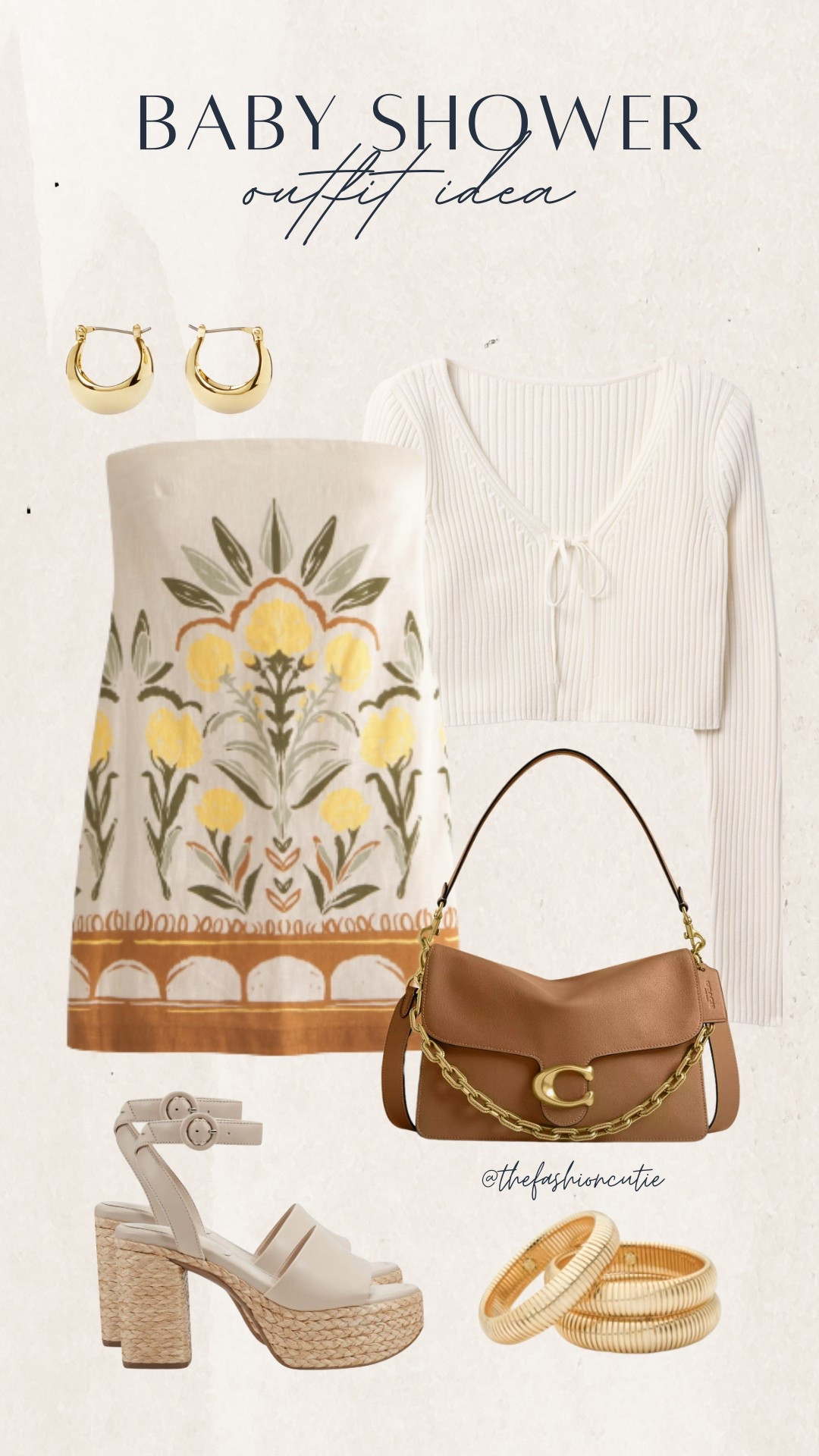 A sweet lil fit for celebrating the mama-to-be. This floral mini skirt + lightweight cardi combo is classy without trying too hard. Add raffia heels and gold hoops to seal the deal.

#LTKSummerEdit #LTKShoeCrush #LTKStyleTip