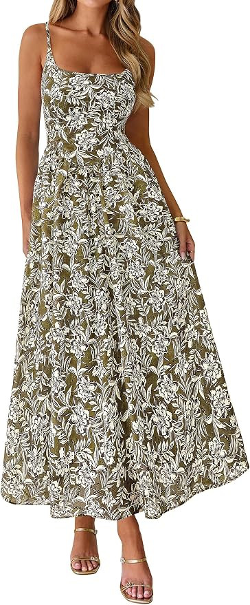 PRETTYGARDEN Women's Summer Boho Maxi Dress A Line Eyelet Floral Sundresses | Spaghetti Strap, Sq... | Amazon (US)