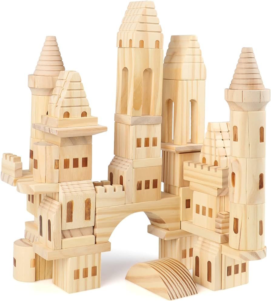 Garlictoys 75 Pieces Wooden Castle Blocks Medieval Knights Princesses Wooden Castle Building Bloc... | Amazon (US)