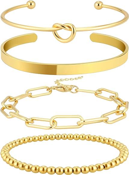 Reoxvo Gold Bangle Cuff Bracelets for Women Trendy 14k Real Gold Plated Paperclip Chain Bracelet ... | Amazon (US)