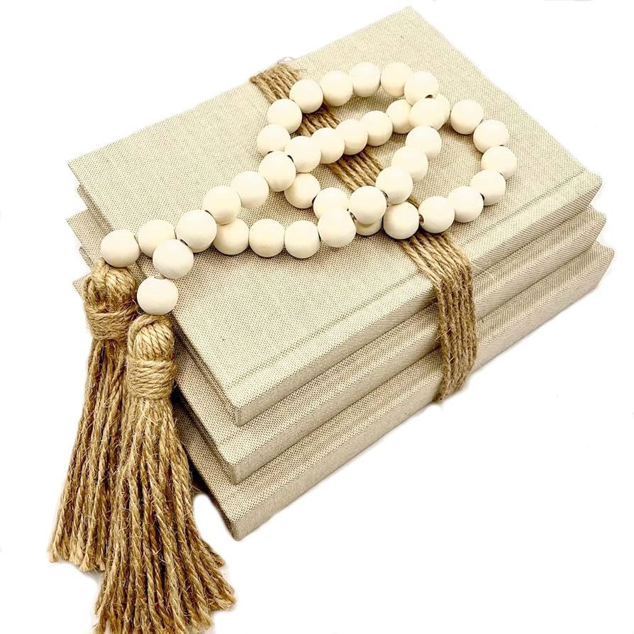 Linen Covered Decorative Books, Set of 3 - Neutral Home Decor Coffee Table Books with Wooden Bead... | Amazon (US)