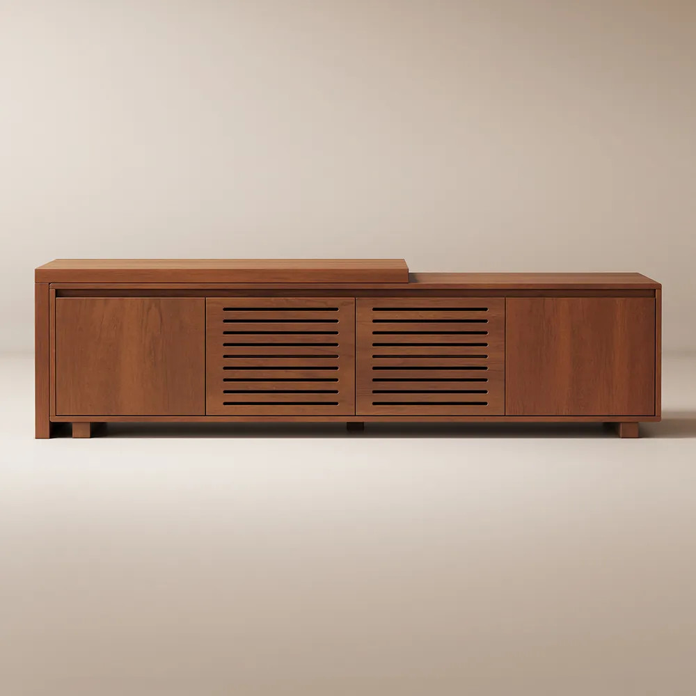 Hernest | 85'' Brown Solid Wood Extendable TV Stand with 3 Storage Cabinets | Hernest