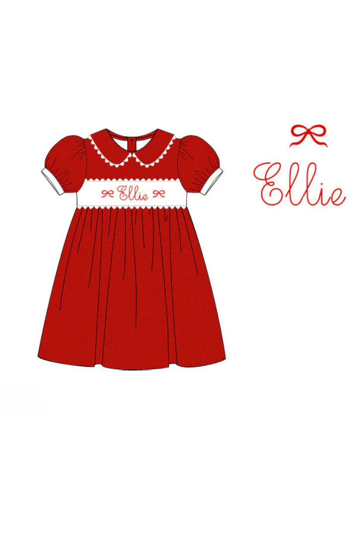 Pre-Order Embroidered Custom Name Red Honeycomb Bow Dress | The Smocked Flamingo