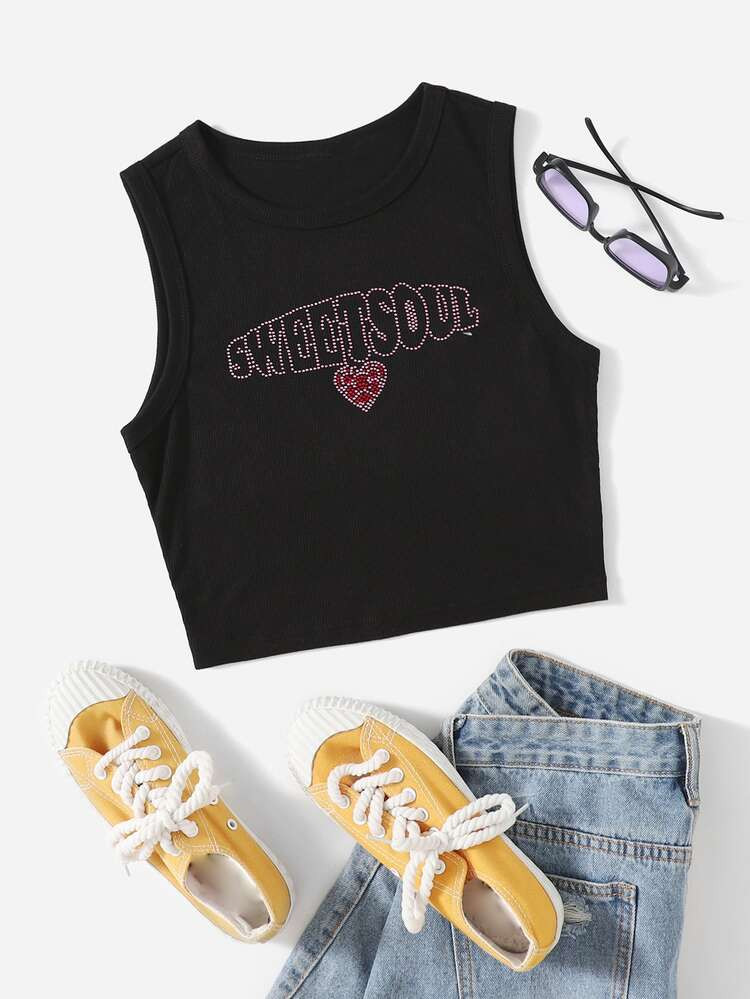 SHEIN Rhinestone Letter & Heart Pattern Tank Top | SHEIN