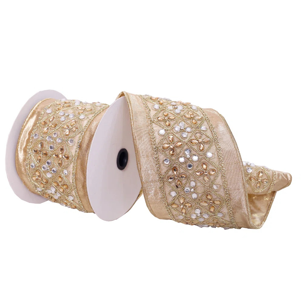The Holiday Aisle® 4"x5yd Jeweled Wired Edge Christmas Ribbon & Reviews | Wayfair | Wayfair North America