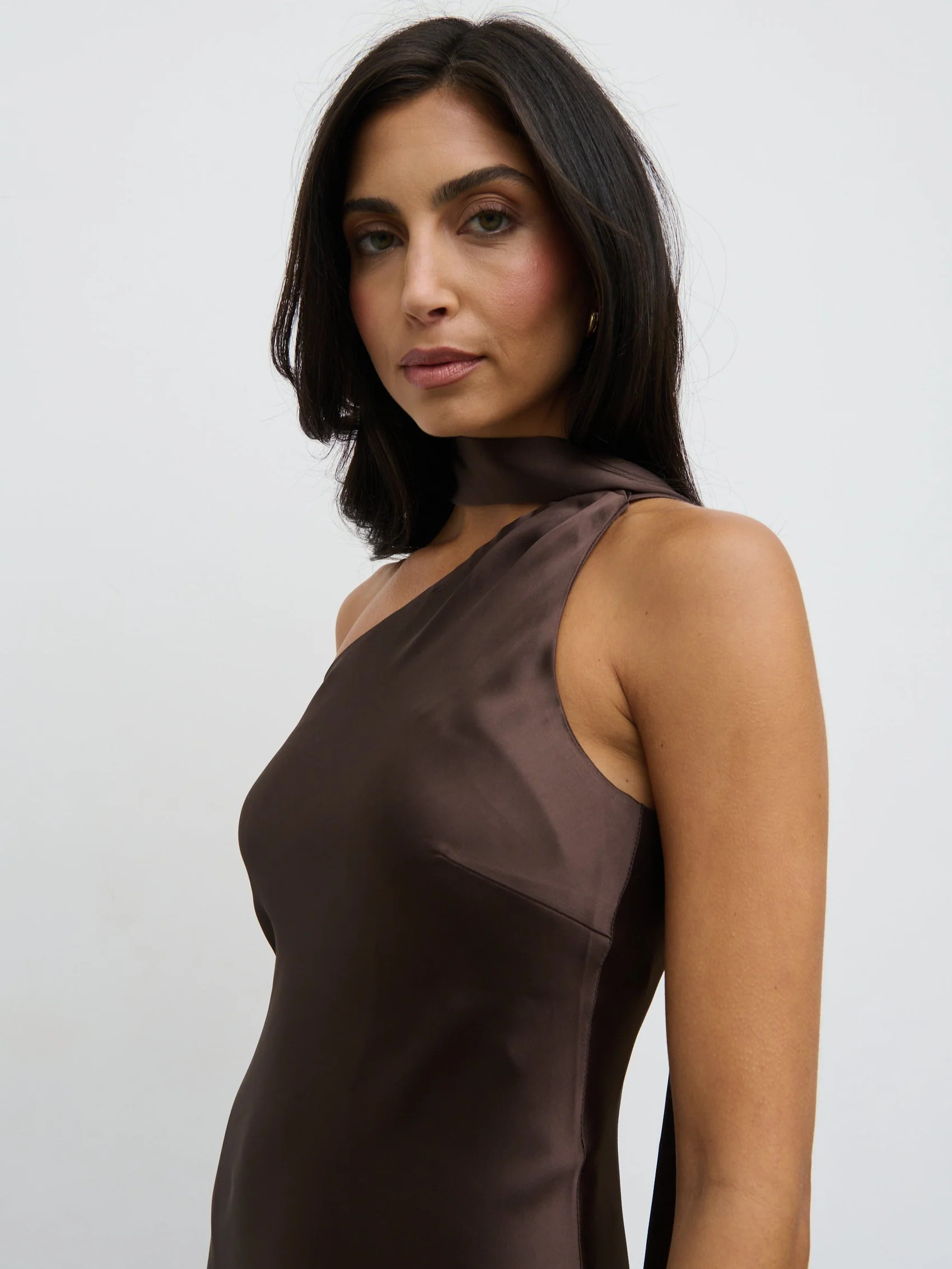 Sheree One Shoulder Sash Maxi Dress - Chocolate Brown | Pretty Lavish (UK)