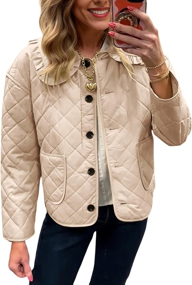 Women's Ruffle Collar Quilted Lightweight Puffer Jacket Long Sleeve Casual Cardigan Padded Coat f... | Amazon (US)