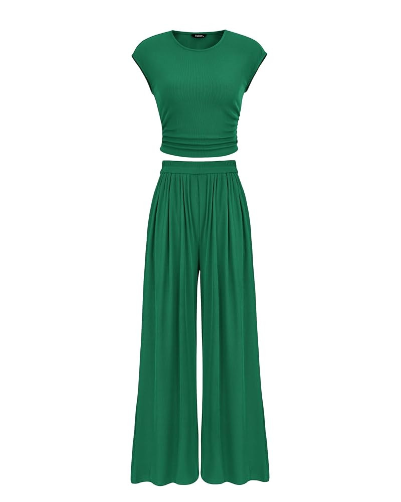 PRETTYGARDEN Women's Summer 2 Piece Outfits 2025 Cap Sleeve Ruched Slim T Shirt Ribbed Knit Wide ... | Amazon (US)