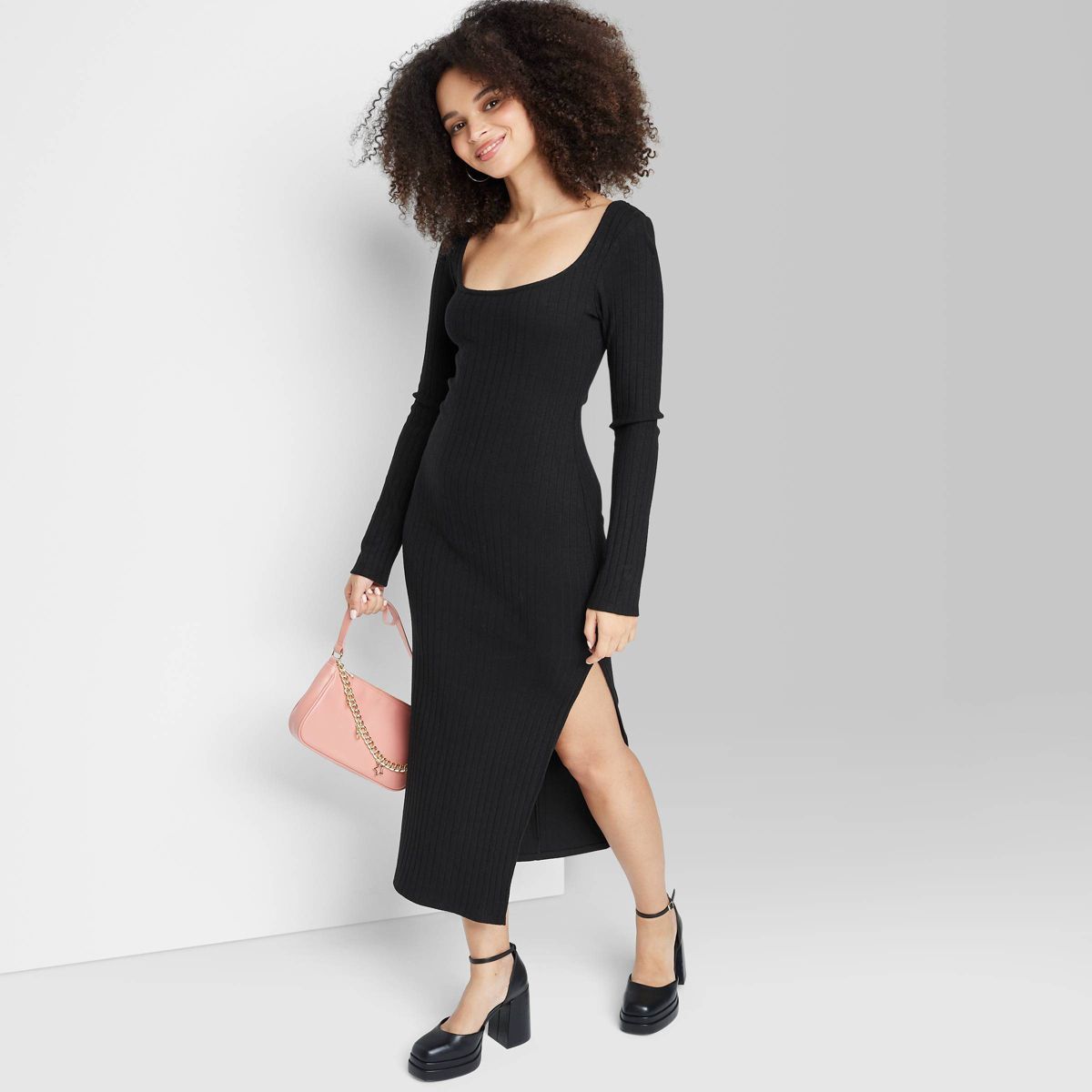 Women's Long Sleeve Rib Knit Midi Dress - Wild Fable™ Black S | Target