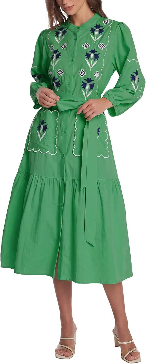 EZAPINE Womens Long Sleeve Midi Dress Embroidered Button Down Dress with Belt | Amazon (US)