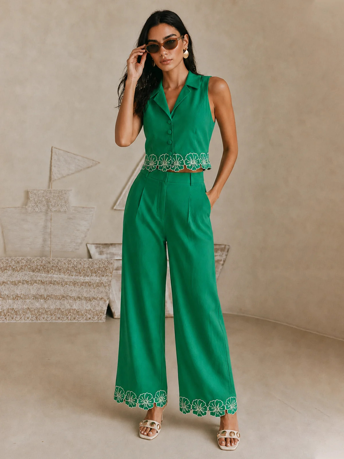 Cotton Floral Embroidered Two Piece Pants Set | Commense