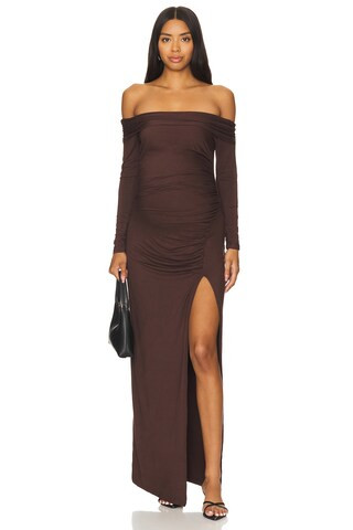 BUMPSUIT Off The Shoulder Evening Dress in Chocolate from Revolve.com | Revolve Clothing (Global)