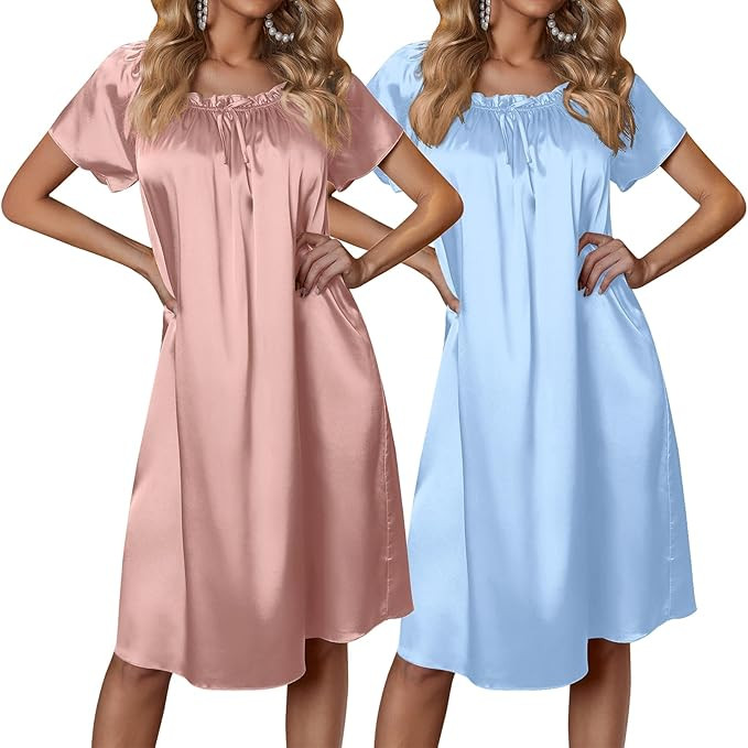 Ekouaer Satin Nightgowns for Women 2 Pack Silk Nightgown Pleated Loose Night Shirts Short Sleeve ... | Amazon (US)