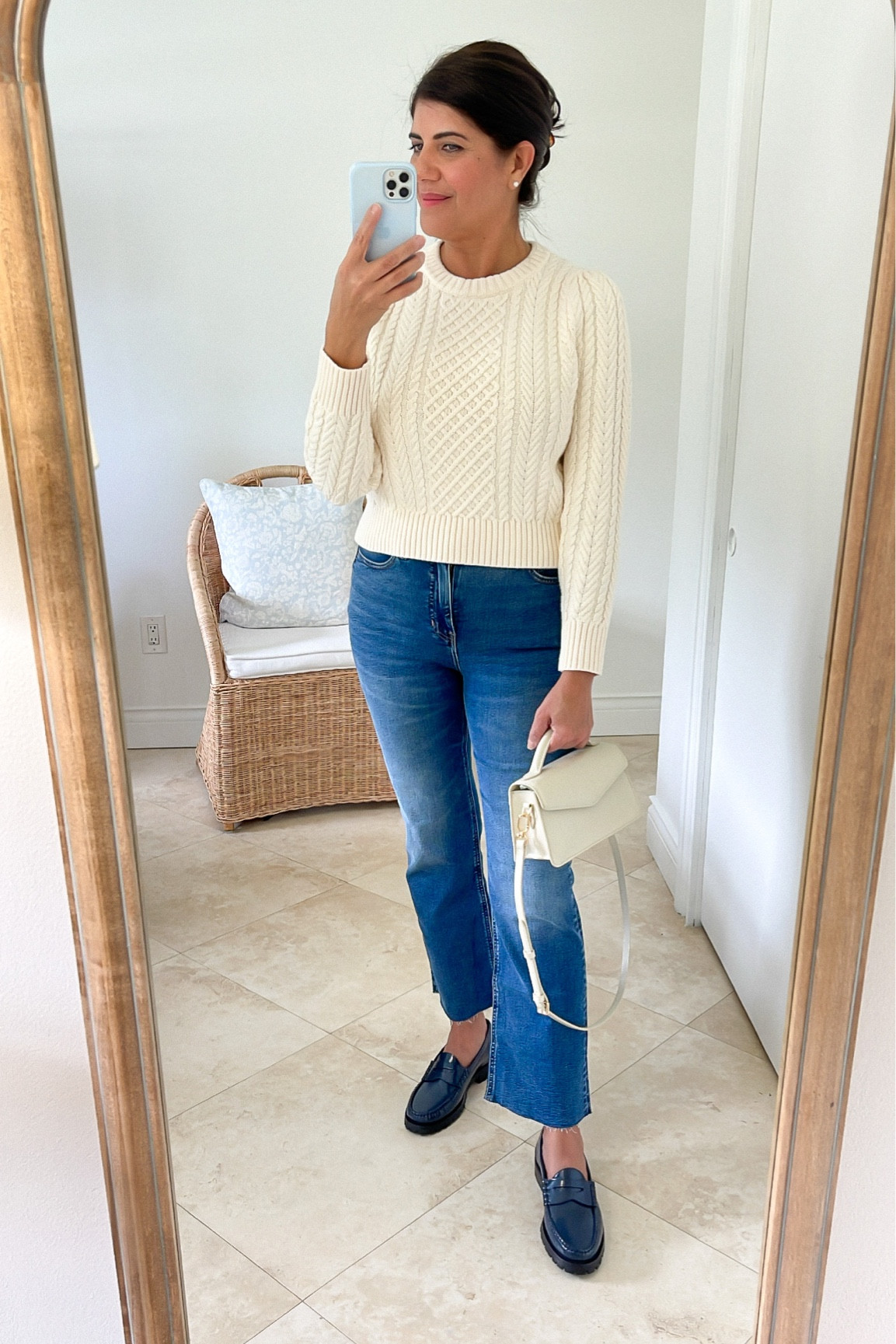 Cozy fall outfit: cableknit sweater, Demi boot jeans, navy lug sole penny loafers, top handle bag

#LTKover40 #LTKshoecrush #LTKitbag
