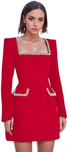 Pearls Square Neck Tweed Mini Dress Long Sleeve Short Prom Cocktail Pary Dress | Amazon (US)