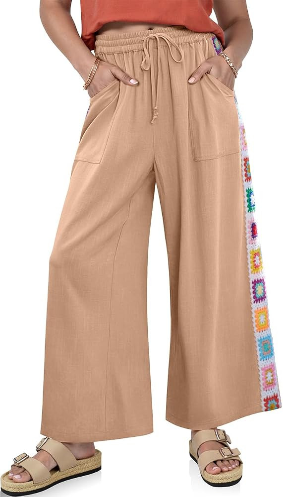 TARSE Womens Wide Leg Linen Pants Summer Casual Drawstring Loose Lounge Palazzo Crochet Panel Pan... | Amazon (US)
