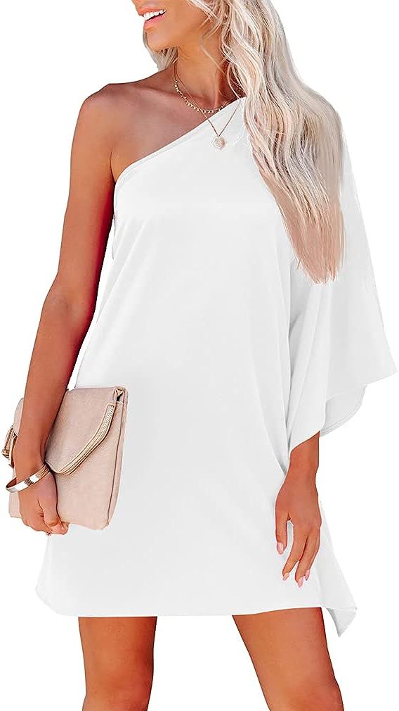 ZileZile Women's Sexy One Shoulder Batwing Loose Casual Solid Color Club Party Mini Dress | Amazon (US)