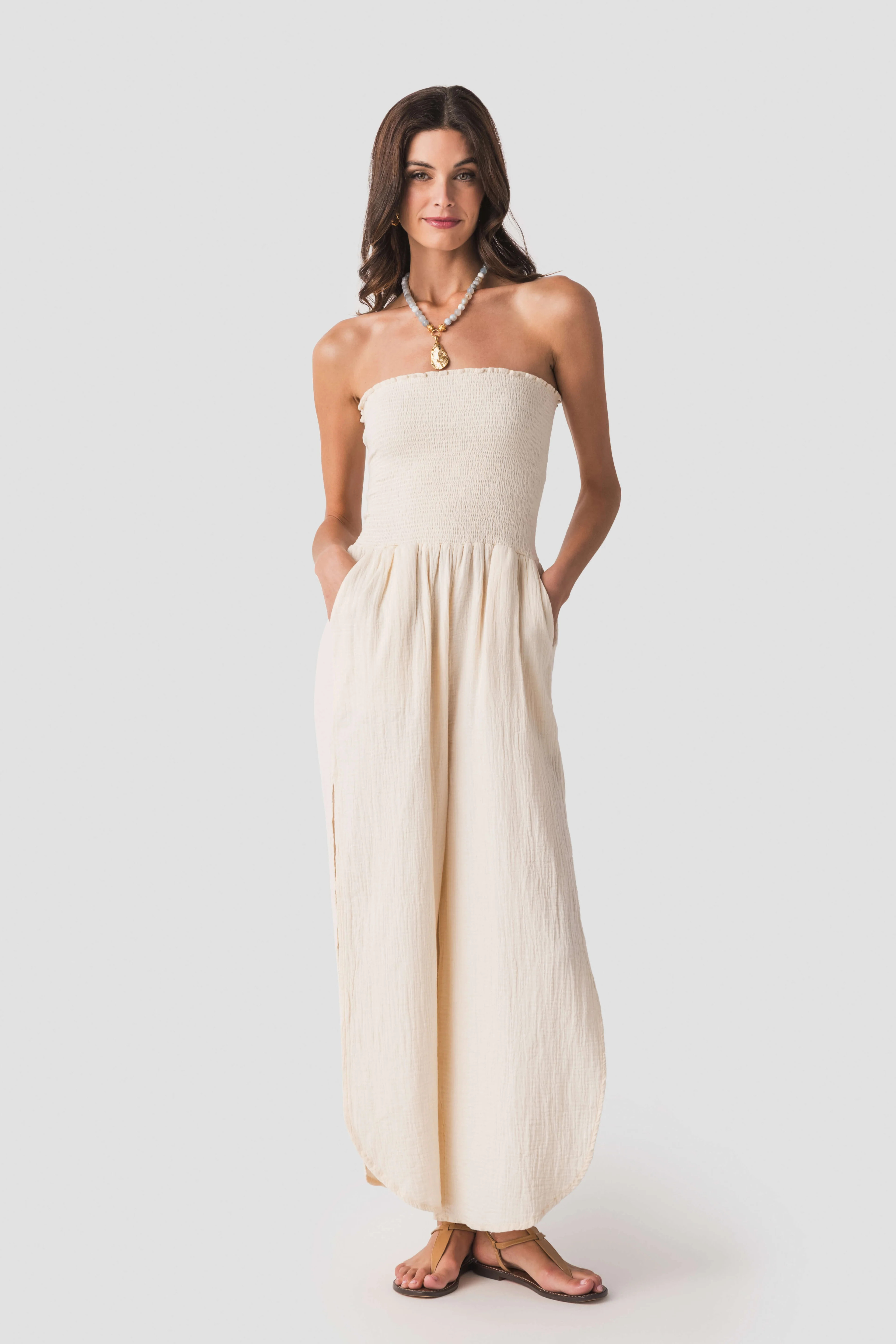 Elan Smocked Strapless Gauze Jumpsuit | Social Threads