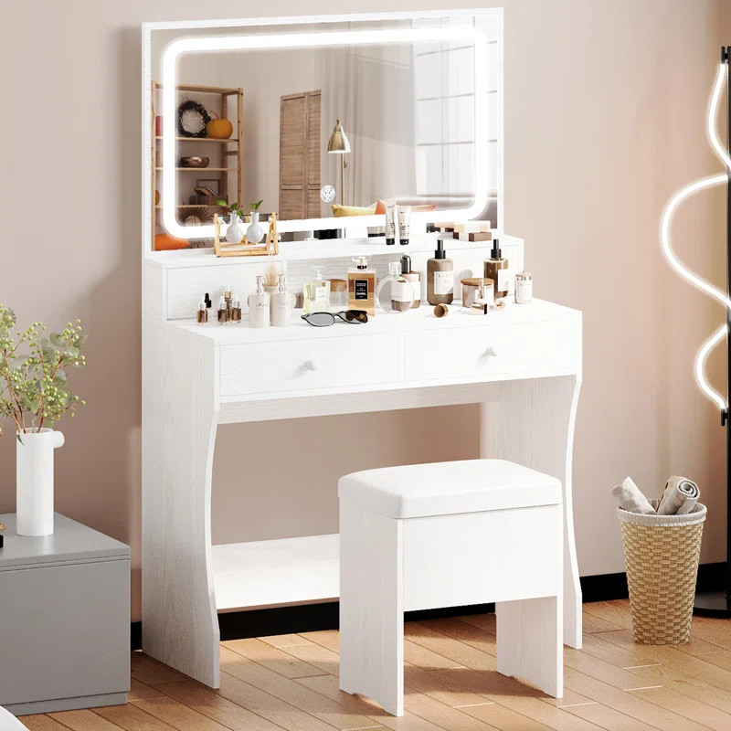 Baelyn Makeup Vanity  with  LED Lighted Mirror,  Modern 4 Drawers Vanities Desk with Stool | Wayfair North America