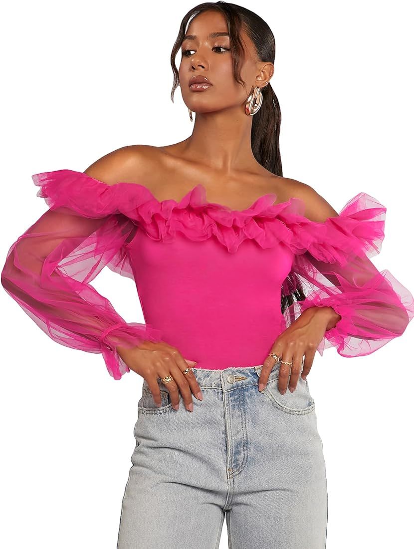 OYOANGLE Women's Ruffle Off Shoulder Blouse Mesh Puff Sleeve Party Tops Fitted Tee Shirt | Amazon (US)