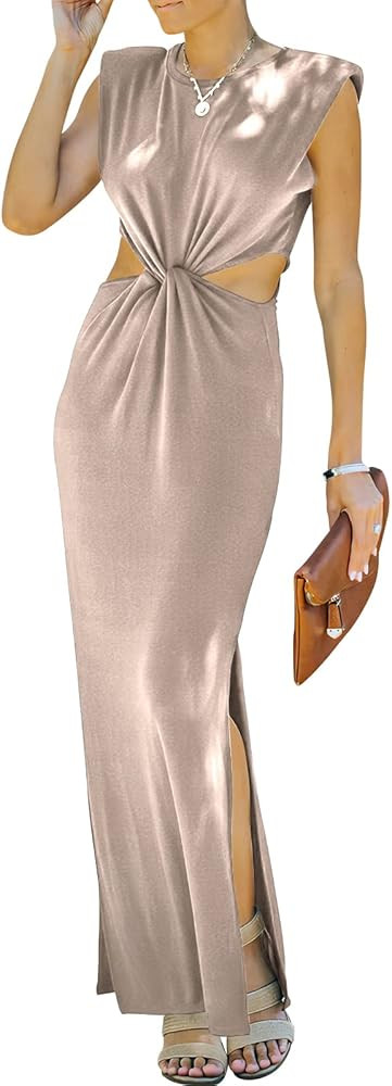ANRABESS Women Summer Sleeveless Padded Shoulder Sexy Cutout Waist Bodycon Formal Party Maxi Dres... | Amazon (US)
