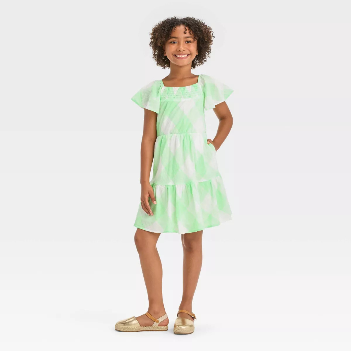 Girls' A-line Flutter Sleeve Checkered Woven Dress - Cat & Jack™ Light Green | Target