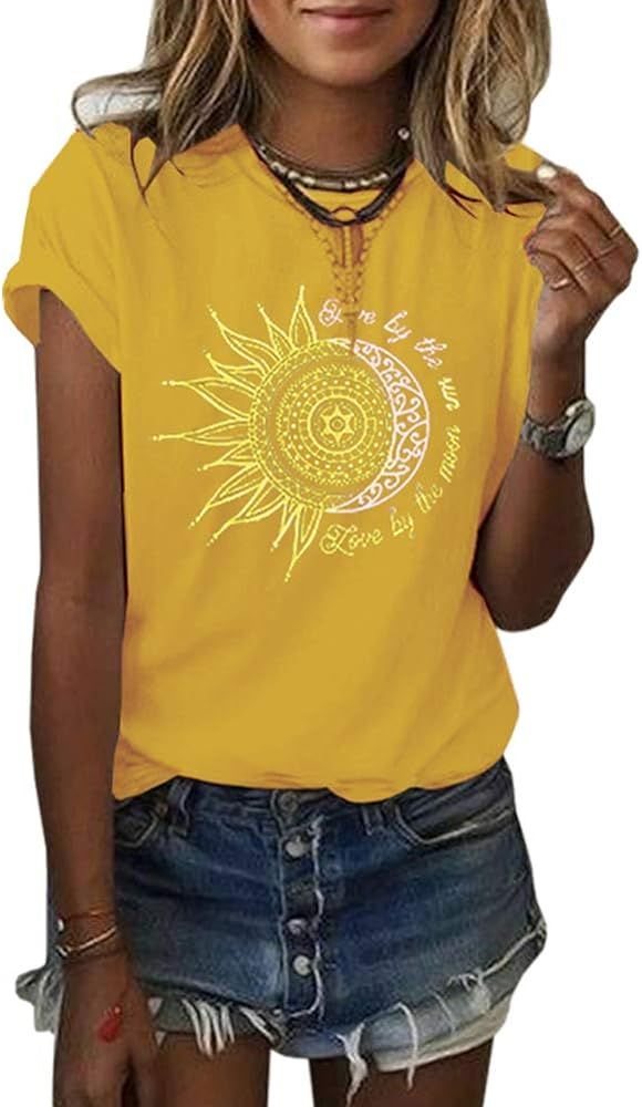 MaQiYa Womens Graphic Tees Summer Vintage Short Sleeve Cotton Moon and Sun Printed T Shirts Tops | Amazon (US)