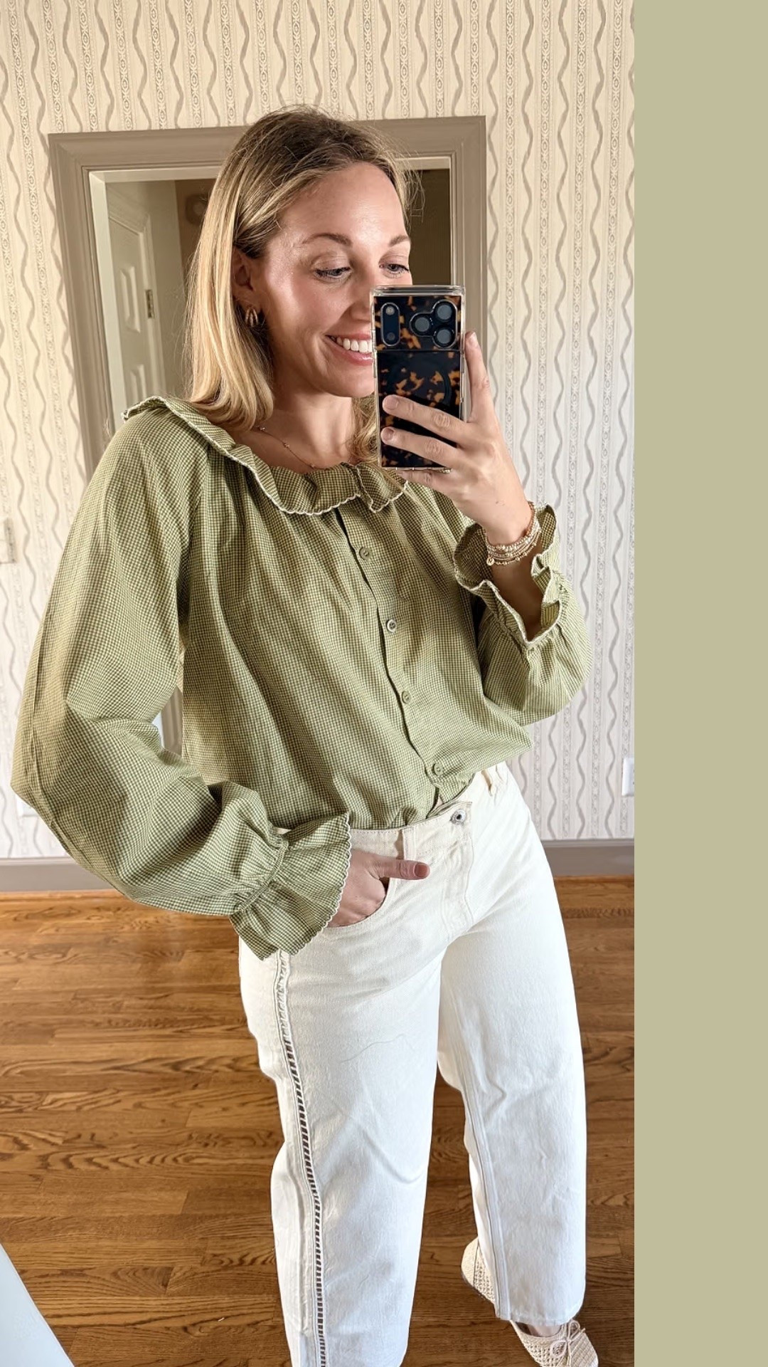 Amazon gingham top + ecru jeans. I’m wearing size M in top and 28 in jeans. Linked similar styles without side embellishment too!