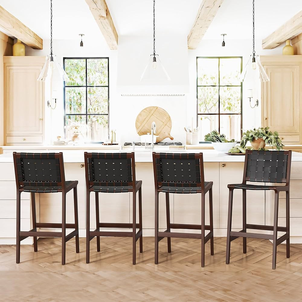 LUE BONA Counter Height Bar Stools 26inch, Set of 4 Faux Leather Woven Counter Stool with Backs, ... | Amazon (US)