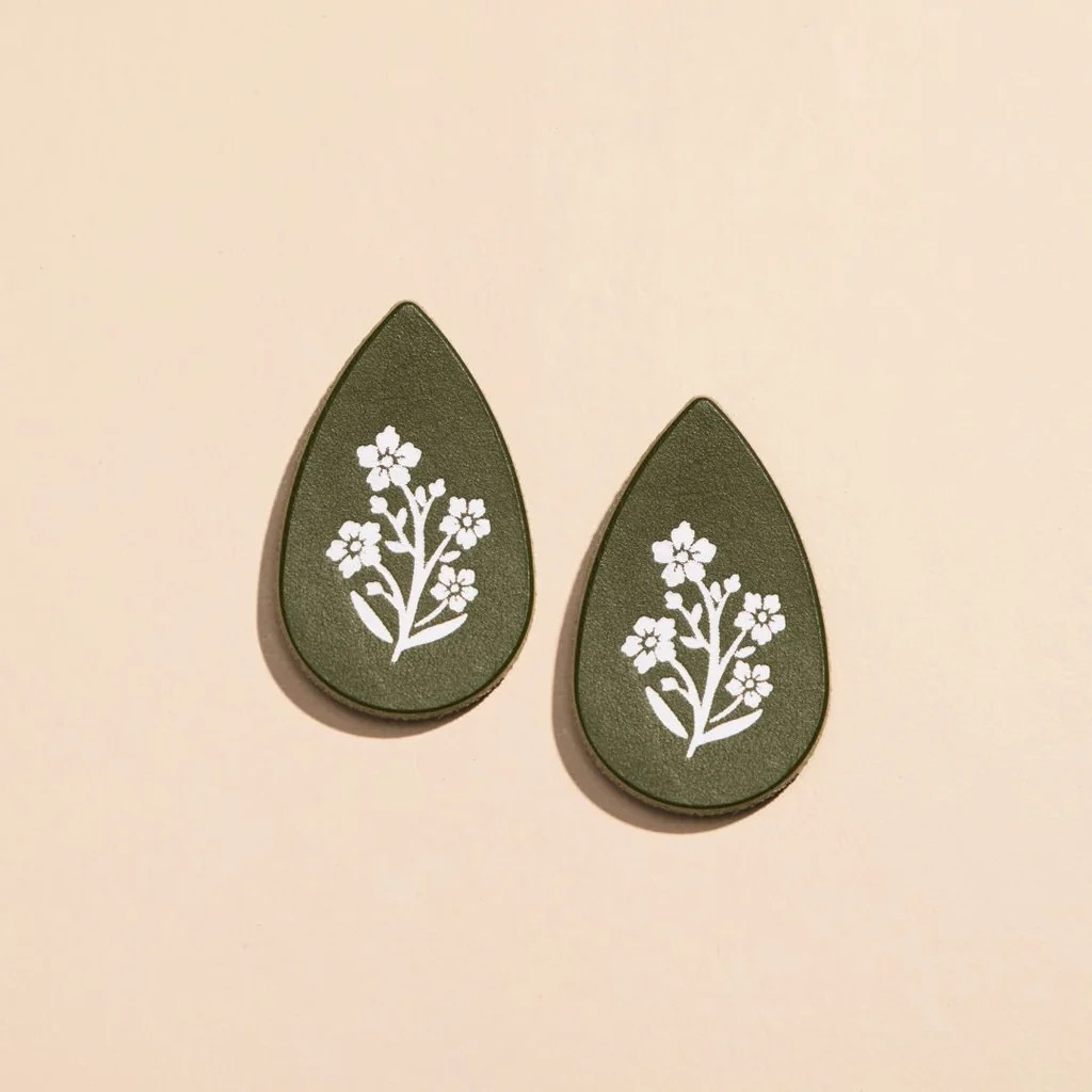 Basil Floral Stamp Post Teardrop Leather Earrings | Nickel and Suede
